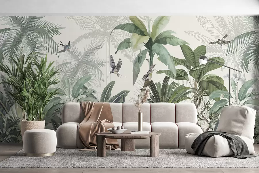 murales Una exuberante escena de jungla tropical con varias palmeras, hojas grandes y flores coloridas en primer plano w08239