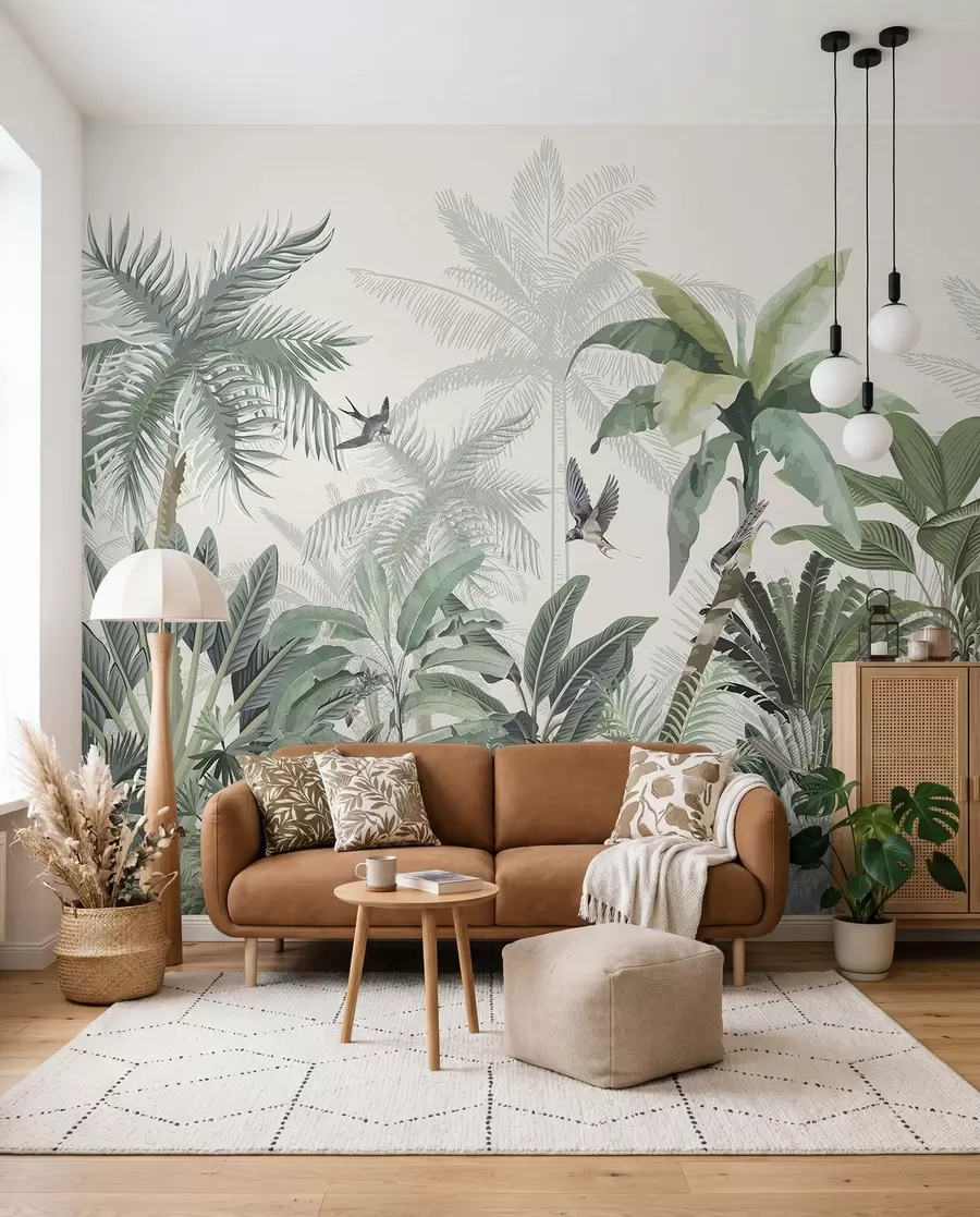 murales Una exuberante escena de jungla tropical con varias palmeras, hojas grandes y flores coloridas en primer plano w08239