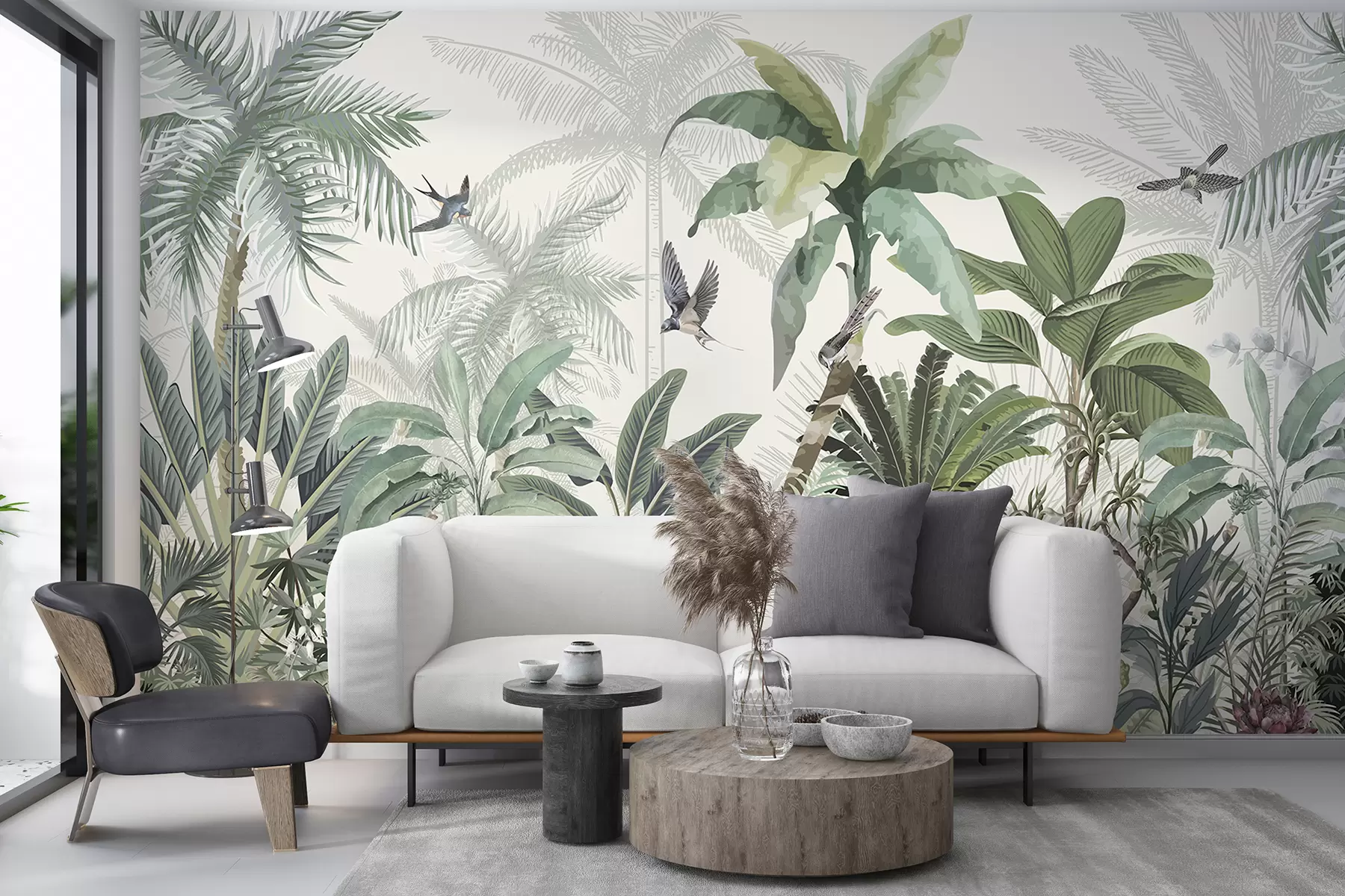 murales Una exuberante escena de jungla tropical con varias palmeras, hojas grandes y flores coloridas en primer plano w08239