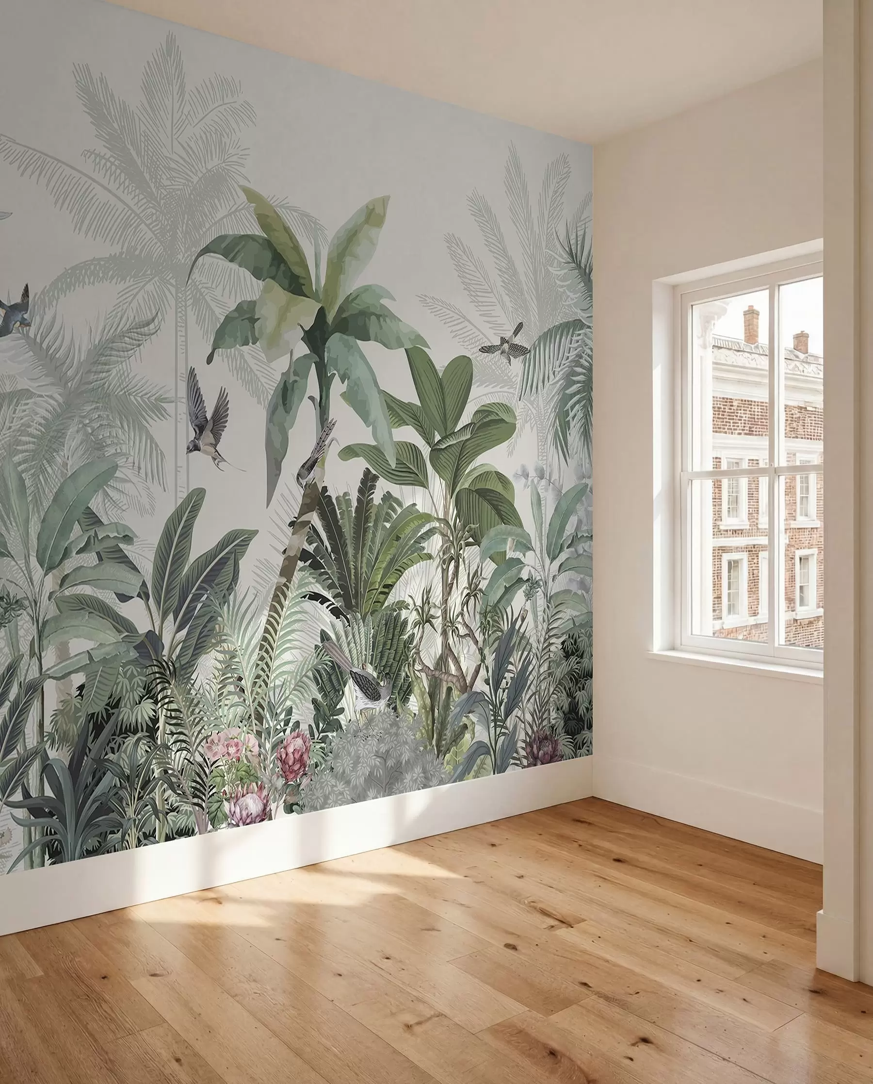 Wall Mural Photo Wallpaper A lush tropical jungle scene with various palm trees, large leaves, and colorful flowers in the foreground w08239