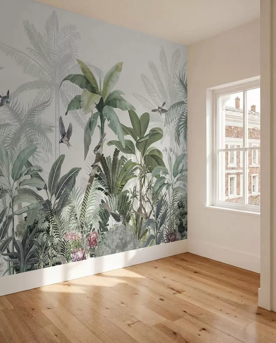 peintures murales Une scène de jungle tropicale luxuriante avec divers palmiers, de grandes feuilles et des fleurs colorées au premier plan w08239