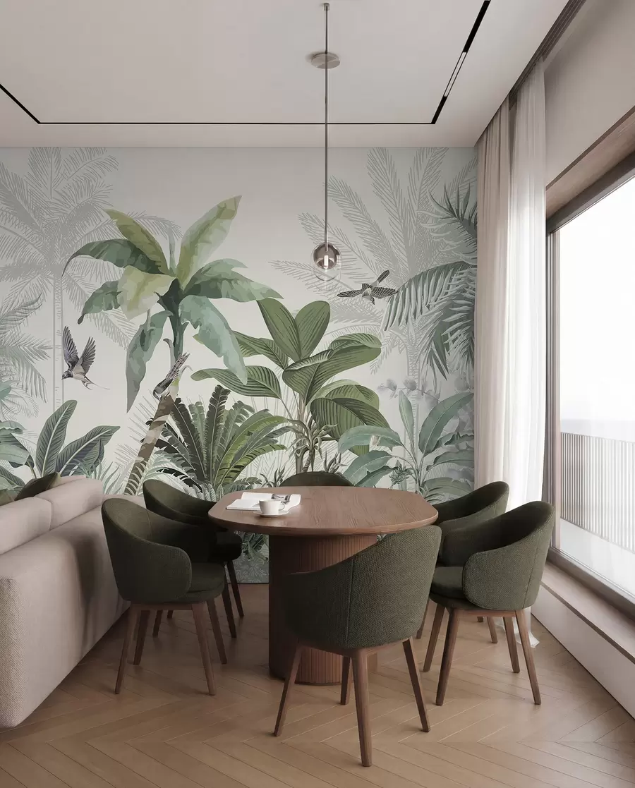 wall murals A lush tropical jungle scene with various palm trees, large leaves, and colorful flowers in the foreground w08239