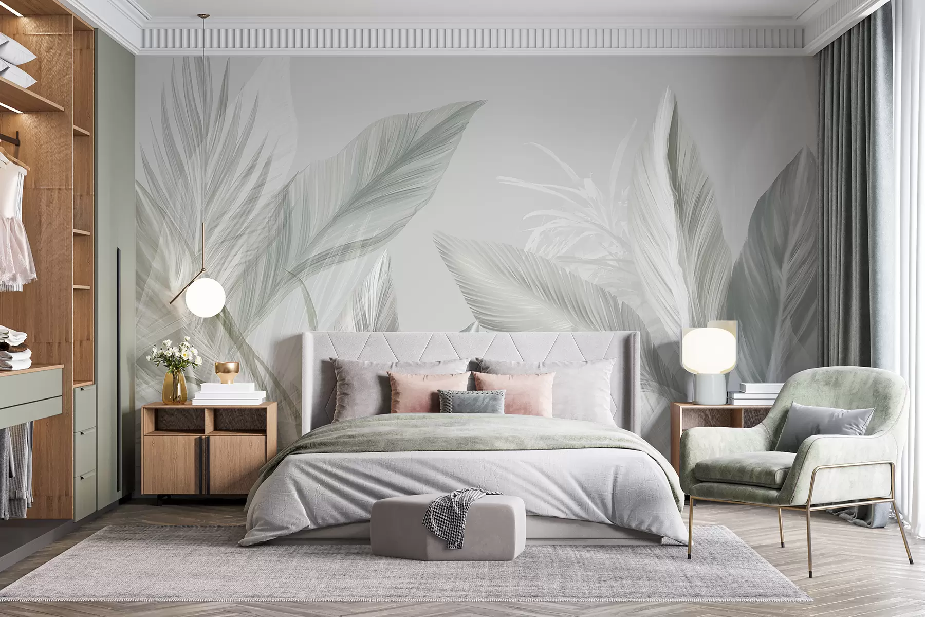 Wall Mural Photo Wallpaper Soft white, green and gray feathers and tropical leaves floating against a light background w08241