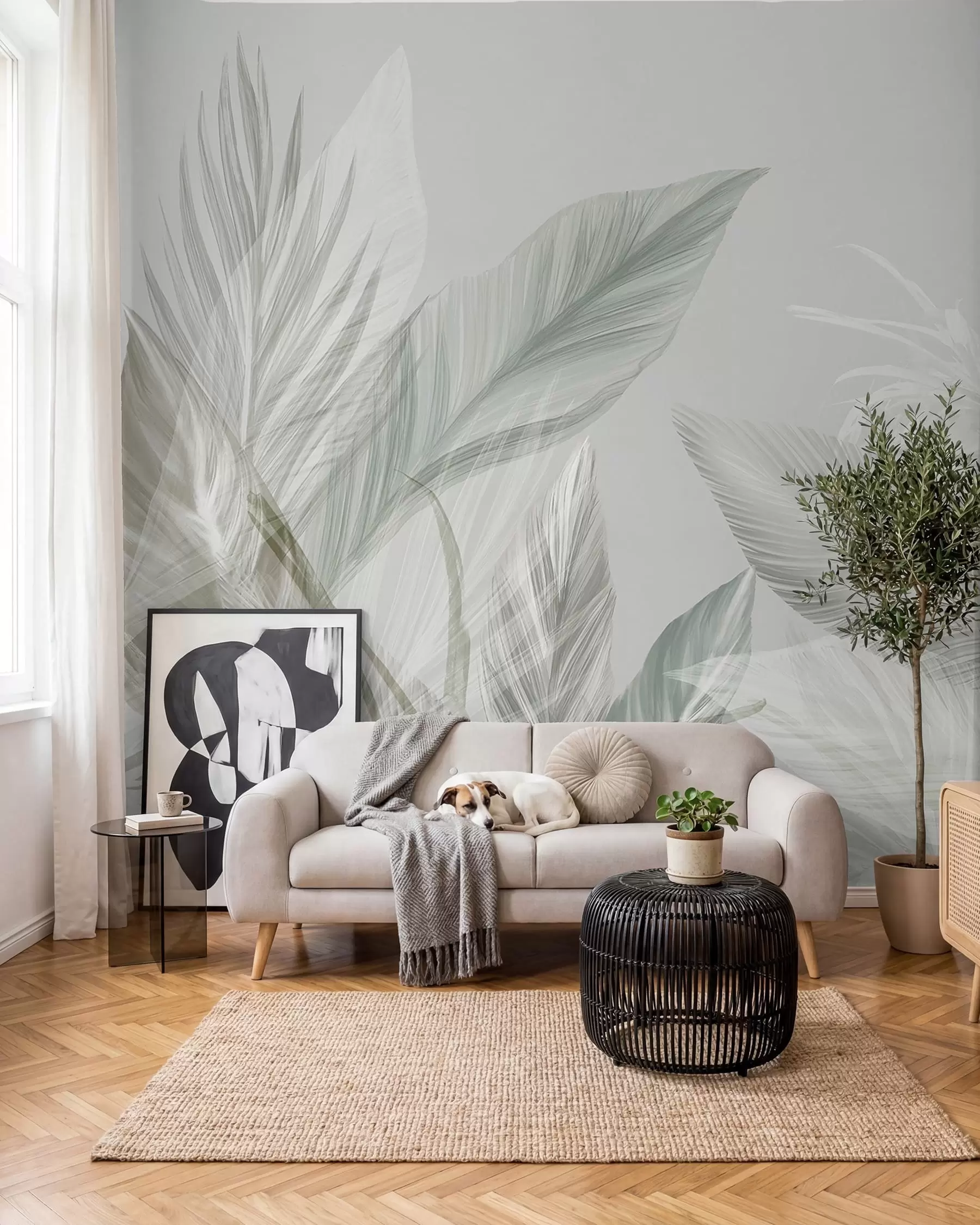 wall murals Soft white, green and gray feathers and tropical leaves floating against a light background w08241