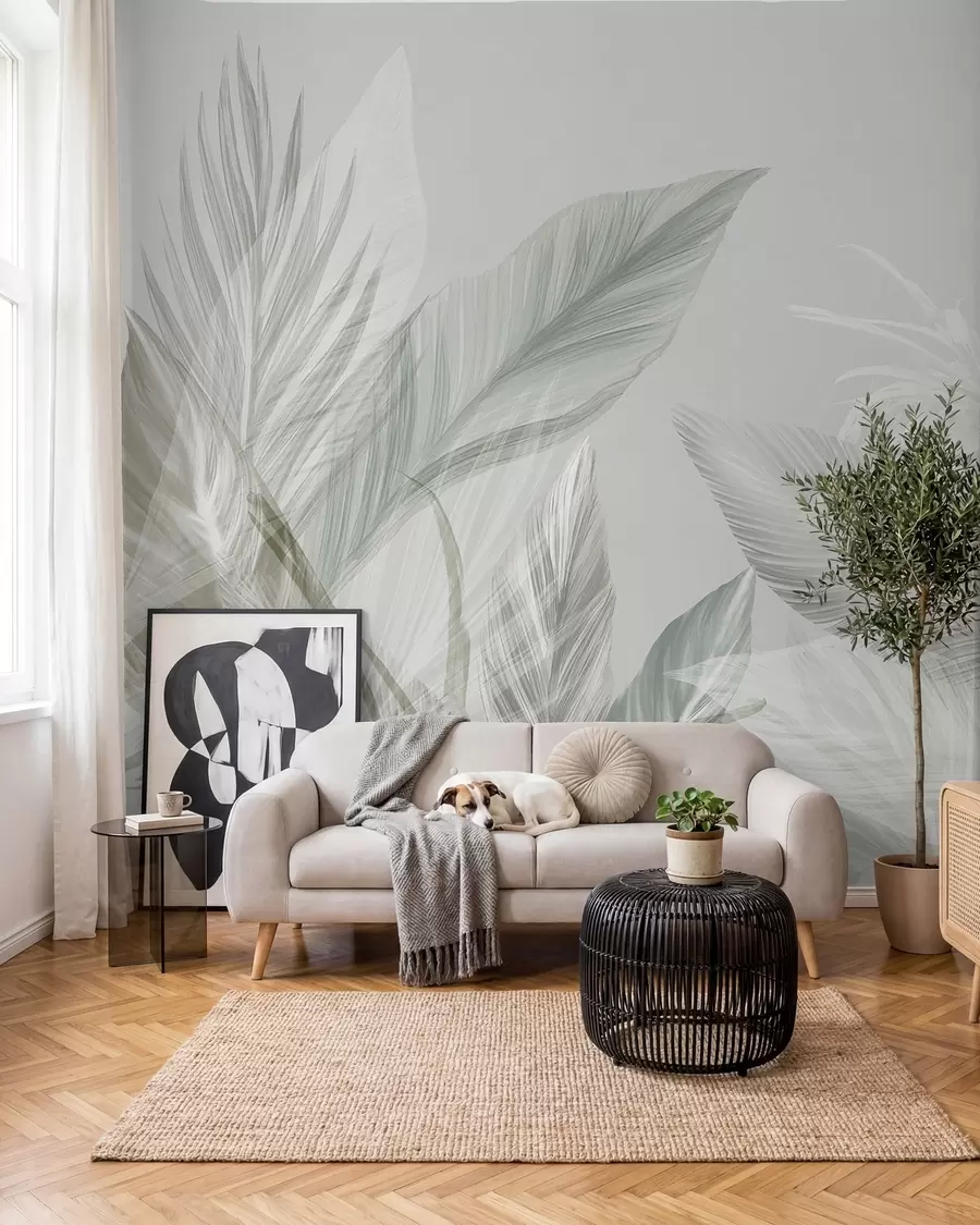 Wall Mural Photo Wallpaper Soft white, green and gray feathers and tropical leaves floating against a light background w08241