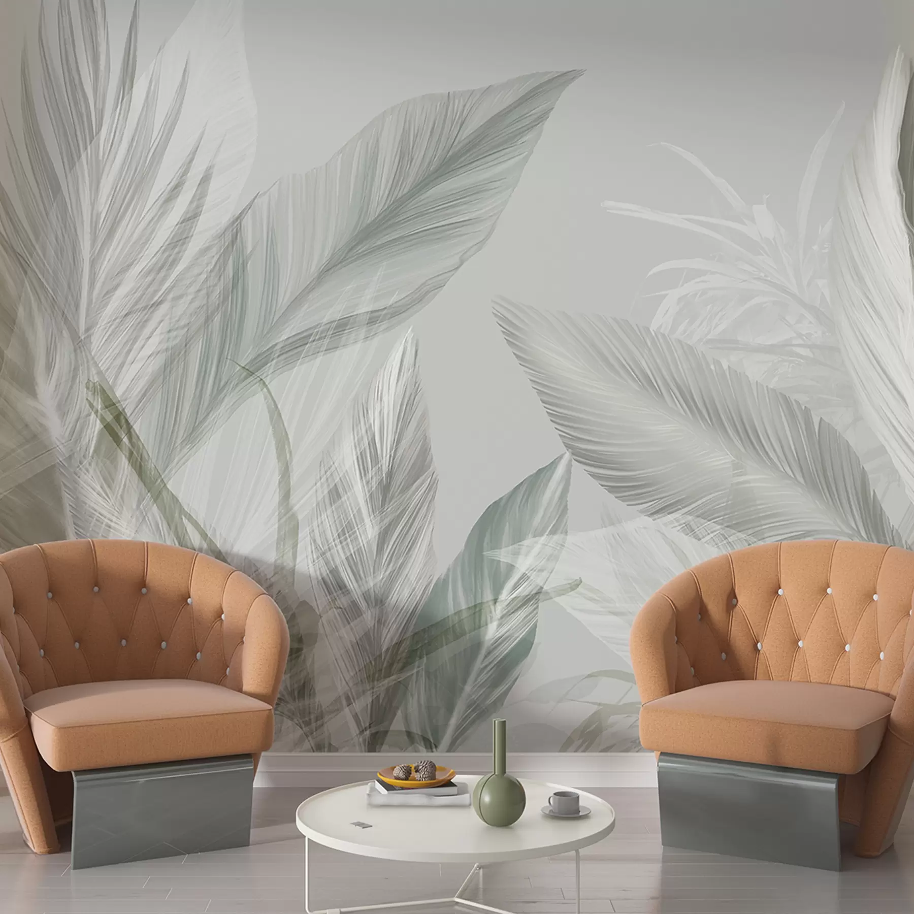 Wall Mural Photo Wallpaper Soft white, green and gray feathers and tropical leaves floating against a light background w08241