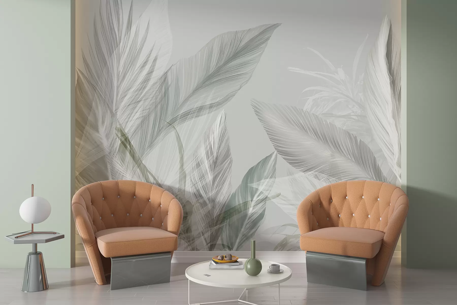 peintures murales Des plumes blanches, vertes et grises douces et des feuilles tropicales flottant sur un fond clair w08241