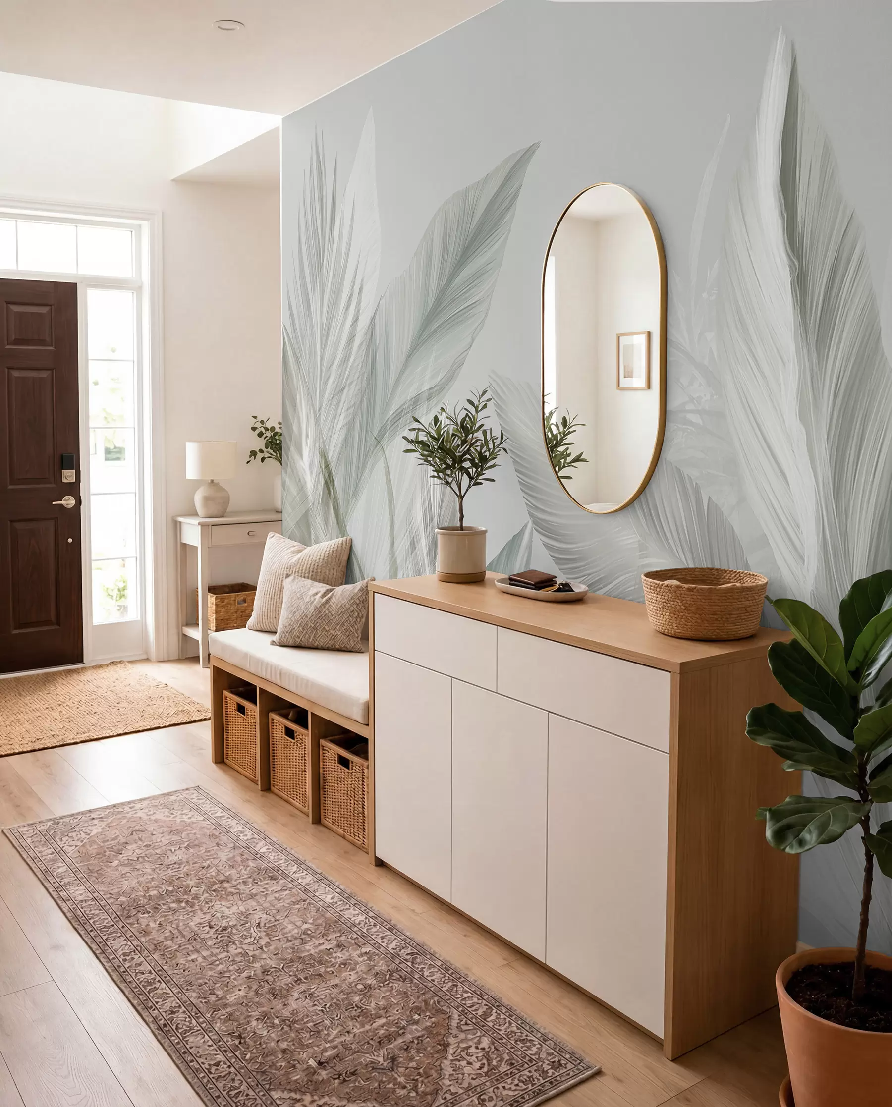 Wall Mural Photo Wallpaper Soft white, green and gray feathers and tropical leaves floating against a light background w08241