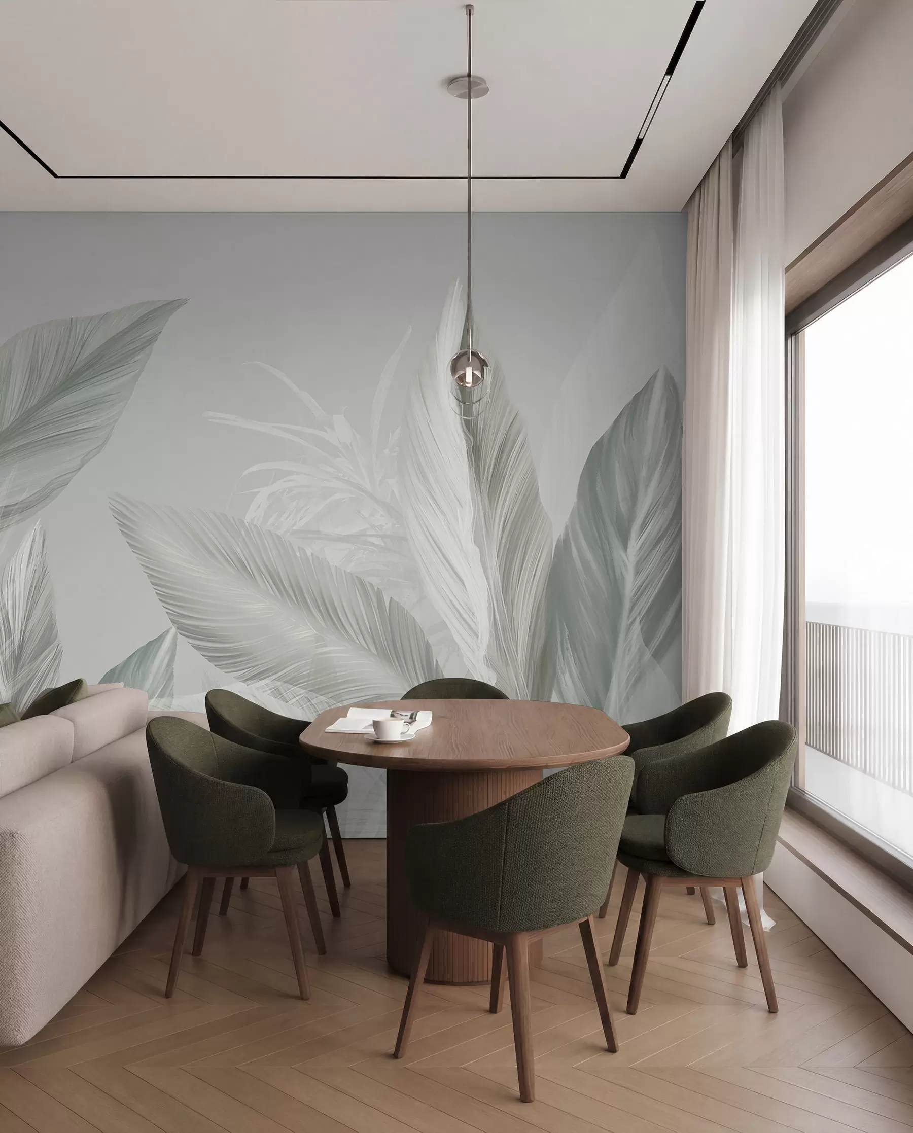 peintures murales Des plumes blanches, vertes et grises douces et des feuilles tropicales flottant sur un fond clair w08241