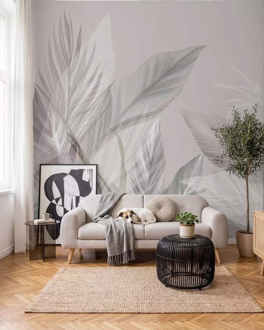 Wall Mural Photo Wallpaper Soft white, pink and gray feathers and tropical leaves floating against a light background w08241v1