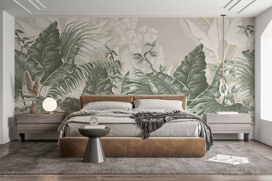 murales Una escena de jungla tropical con grandes hojas verdes y flores en primer plano, creando una atmósfera exuberante w08242v1