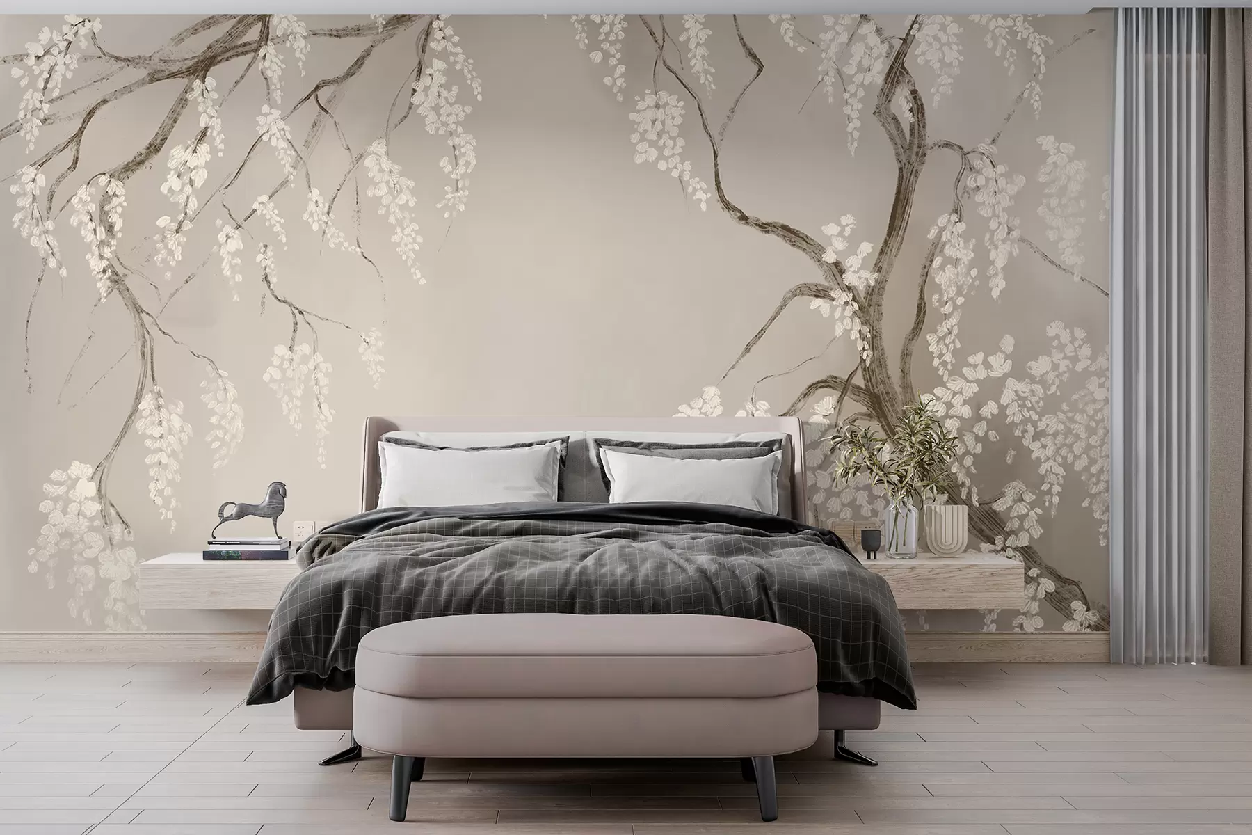 Wall Mural Photo Wallpaper Delicate white cherry tree with blossom flowers blooming on branches against beige background w08243