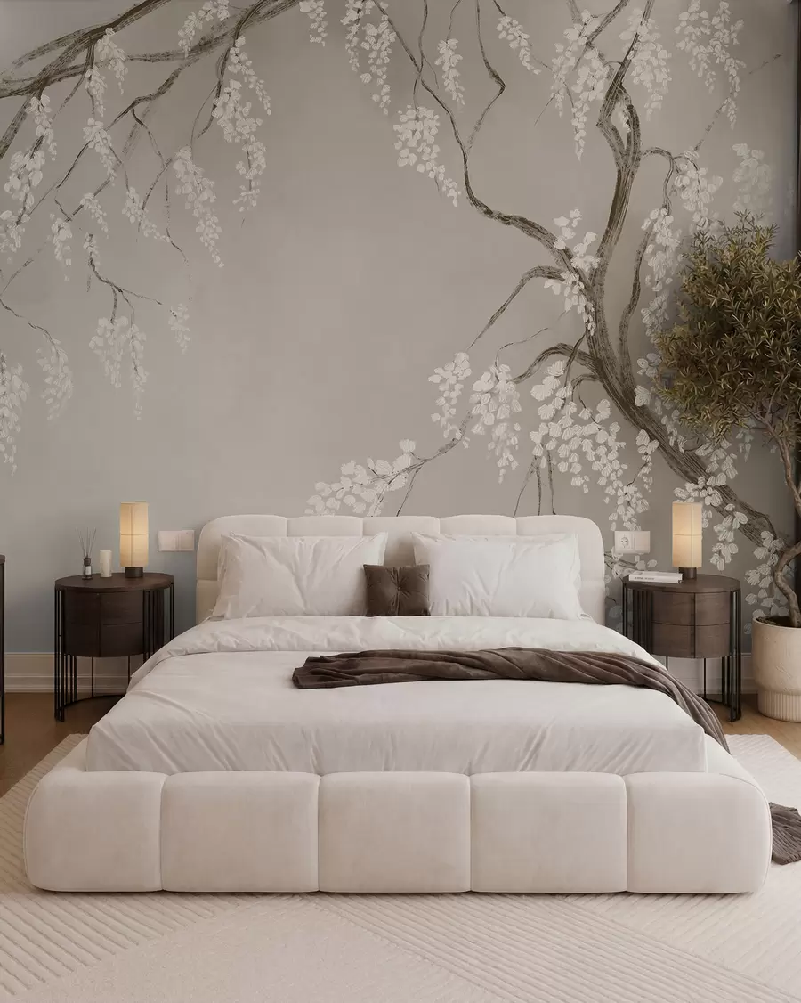 peintures murales Cerisier blanc délicat avec des fleurs en fleurs sur des branches sur fond beige w08243