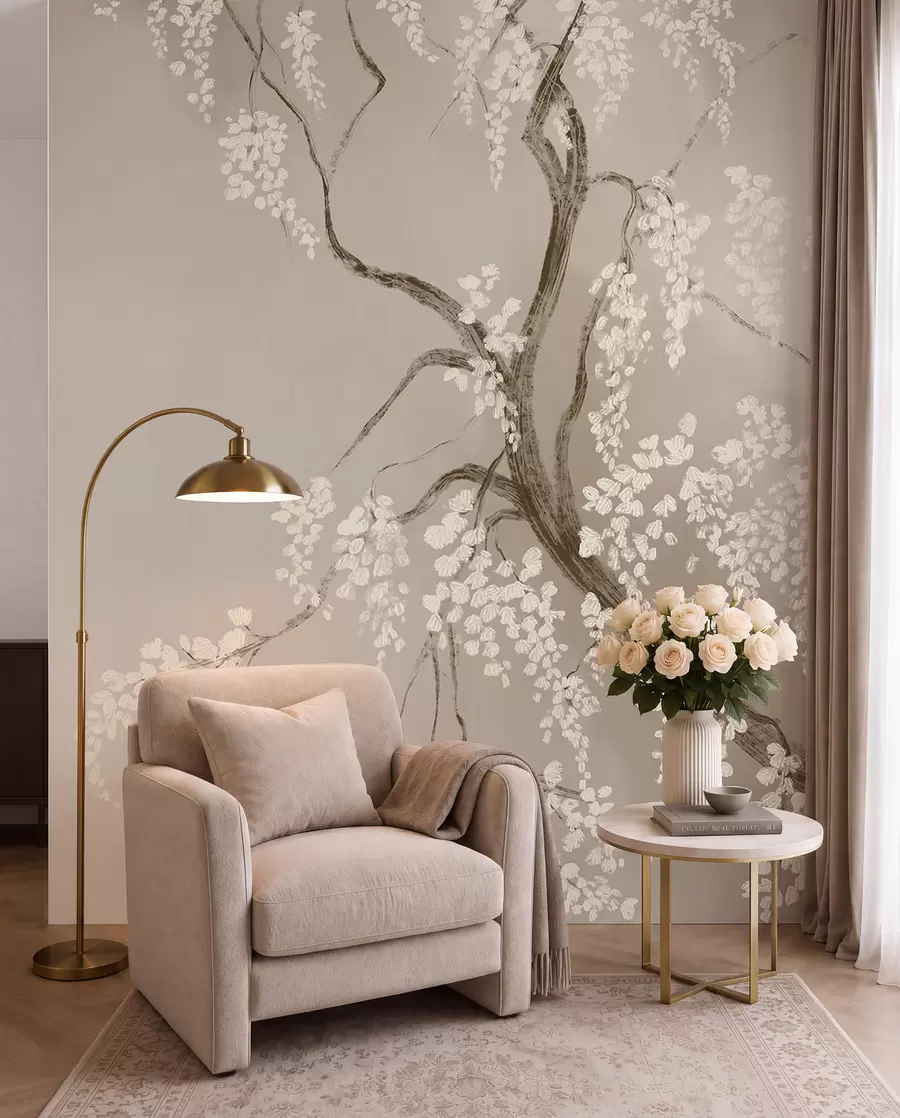 Wall Mural Photo Wallpaper Delicate white cherry tree with blossom flowers blooming on branches against beige background w08243