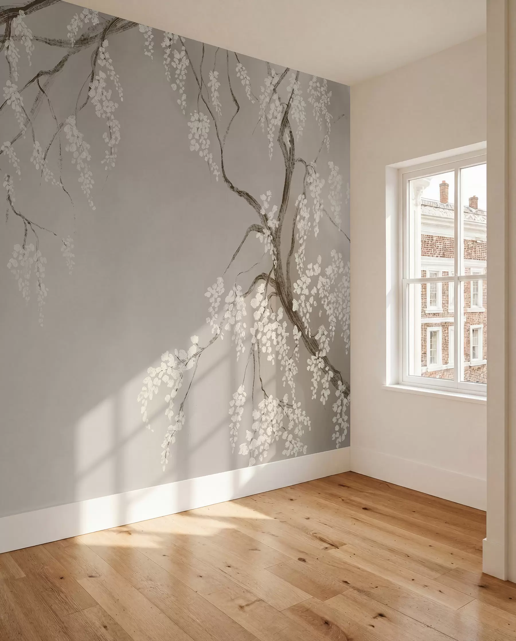 Wall Mural Photo Wallpaper Delicate white cherry tree with blossom flowers blooming on branches against beige background w08243