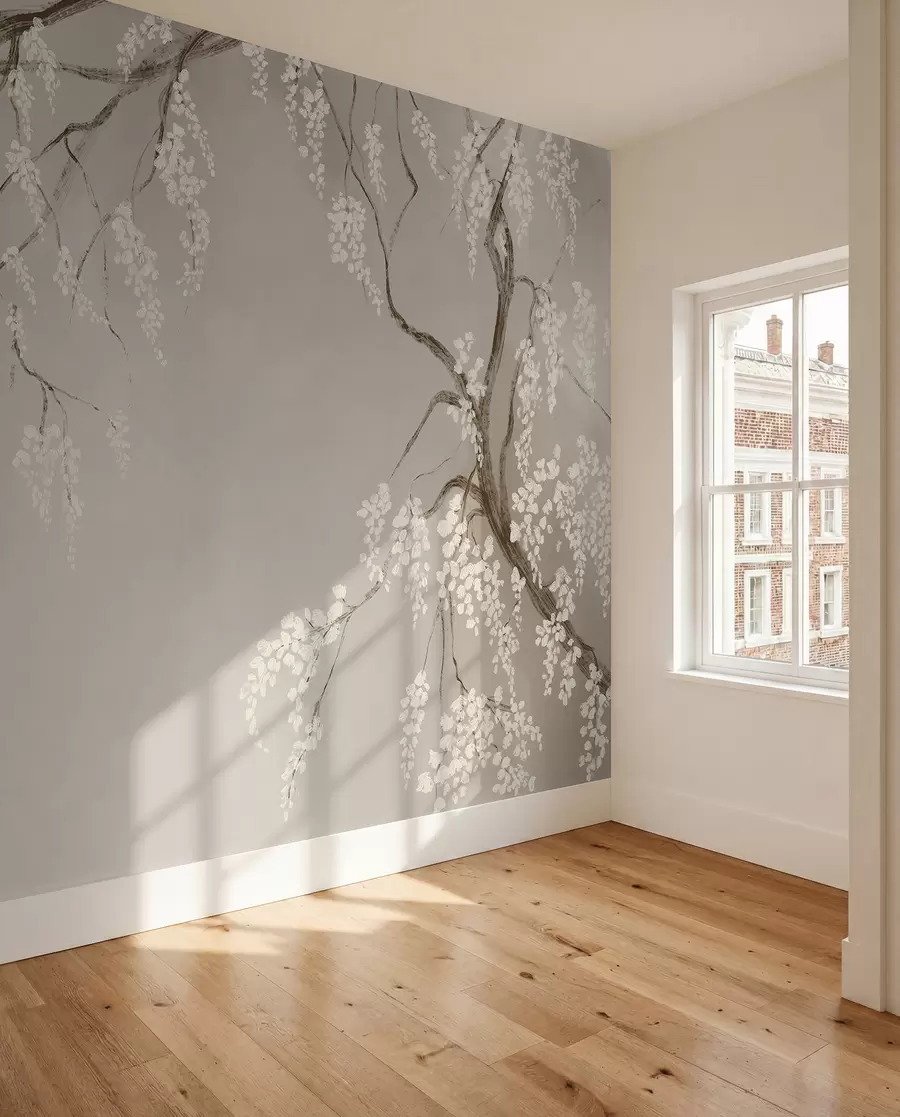 peintures murales Cerisier blanc délicat avec des fleurs en fleurs sur des branches sur fond beige w08243