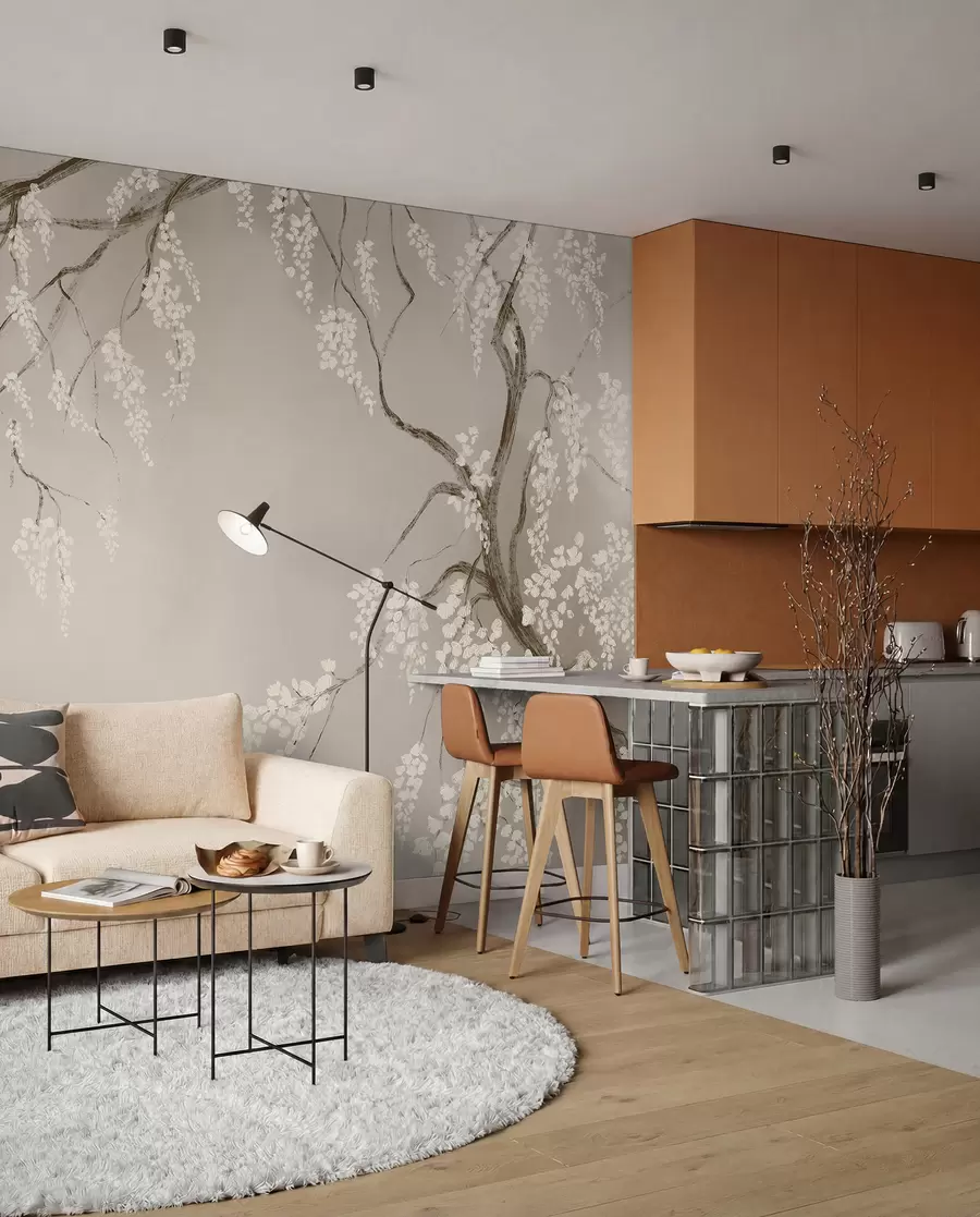 peintures murales Cerisier blanc délicat avec des fleurs en fleurs sur des branches sur fond beige w08243