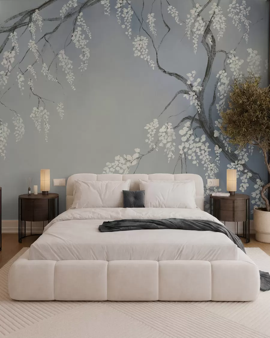 Wall Mural Photo Wallpaper Delicate white cherry tree with blossom flowers blooming on branches against blue background w08243v1