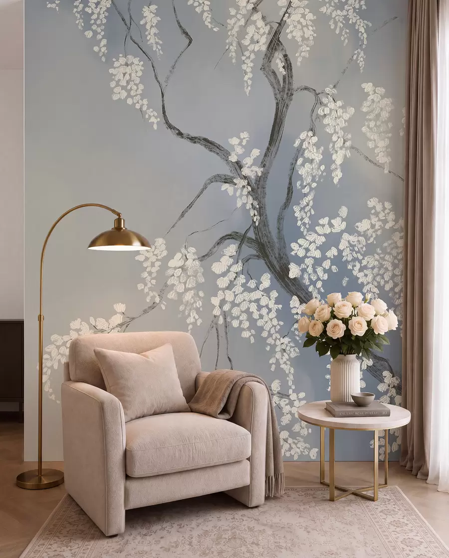 murales Delicado cerezo blanco con flores floreciendo en las ramas sobre fondo azul w08243v1