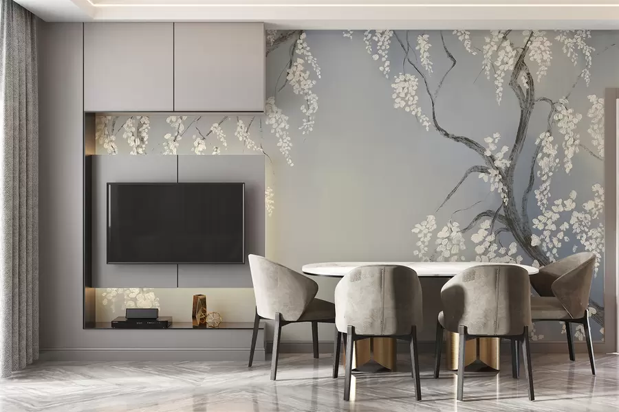 Wall Mural Photo Wallpaper Delicate white cherry tree with blossom flowers blooming on branches against blue background w08243v1