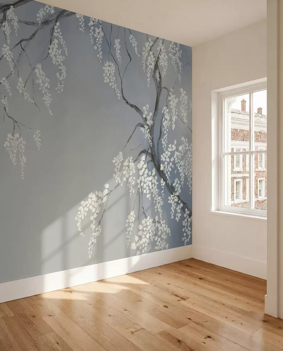 wall murals Delicate white cherry tree with blossom flowers blooming on branches against blue background w08243v1