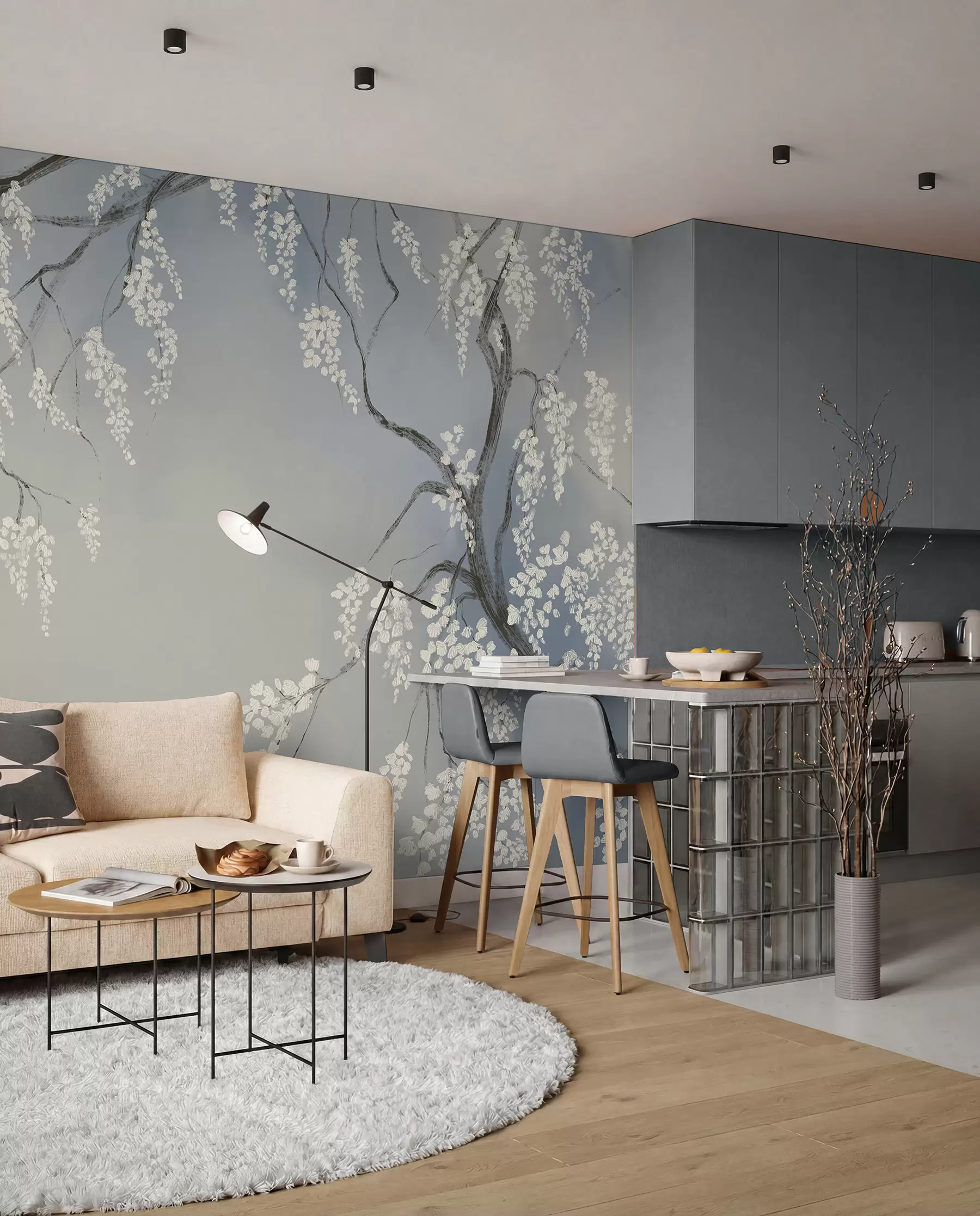 Wall Mural Photo Wallpaper Delicate white cherry tree with blossom flowers blooming on branches against blue background w08243v1