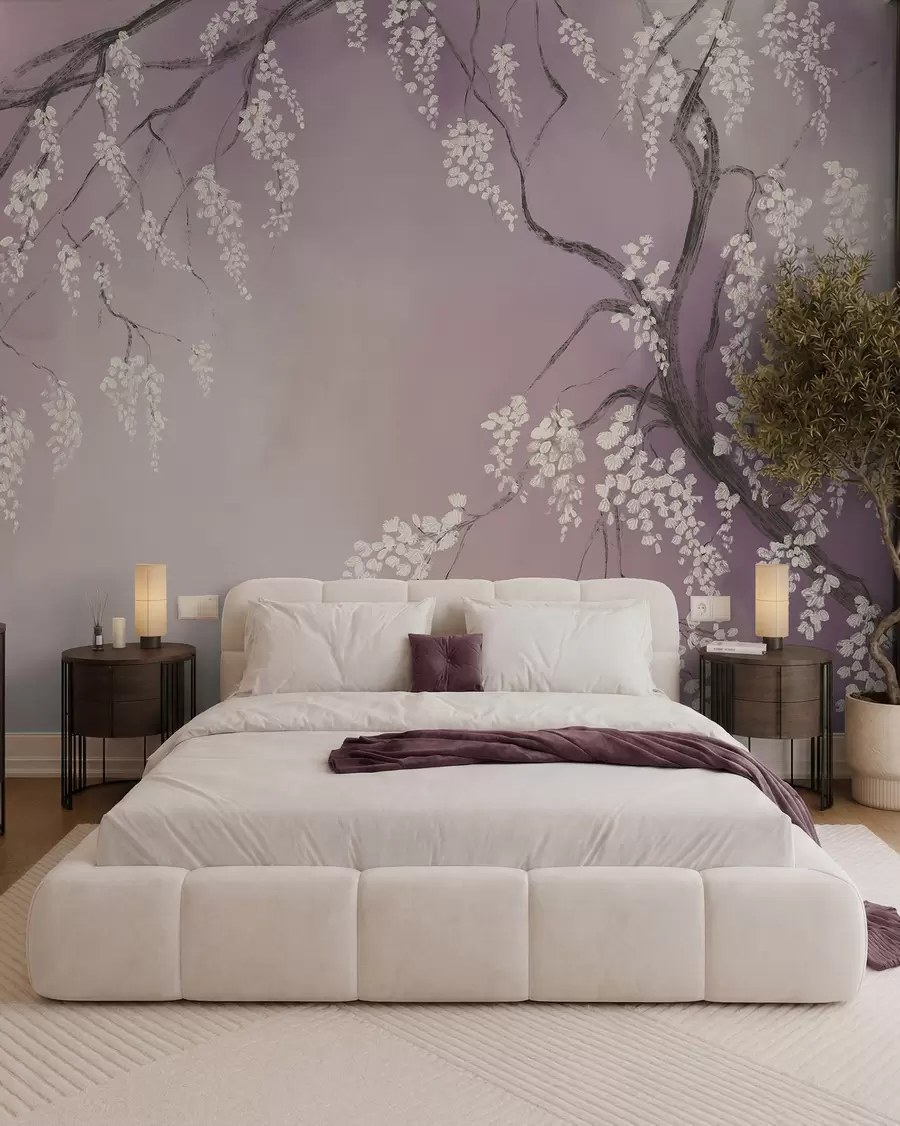 wall murals Delicate white cherry tree with blossom flowers blooming on branches against pink background w08243v2