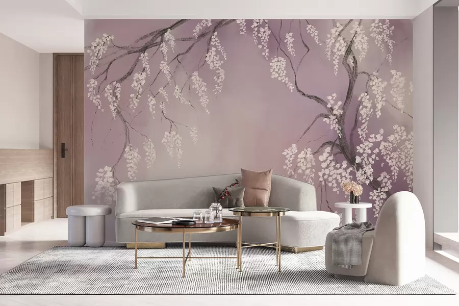 Wall Mural Photo Wallpaper Delicate white cherry tree with blossom flowers blooming on branches against pink background w08243v2