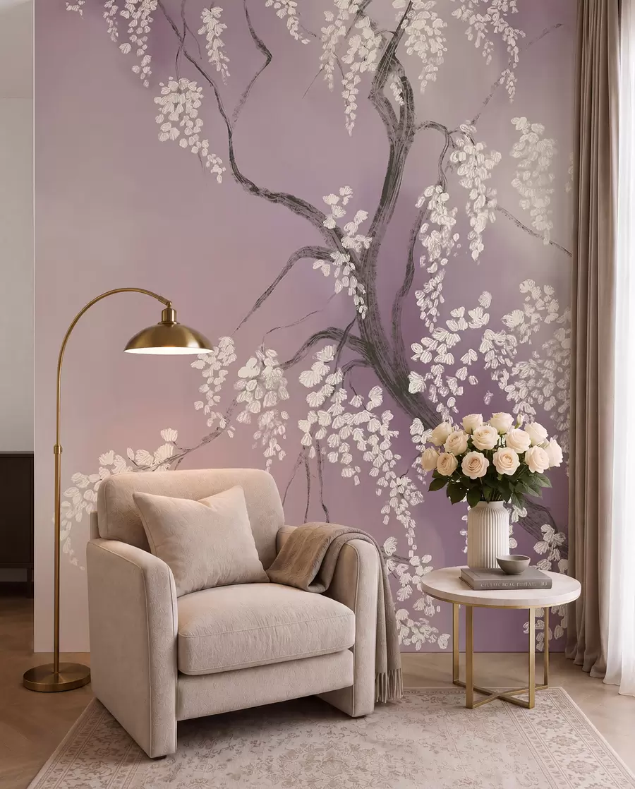 murales Delicado cerezo blanco con flores floreciendo en las ramas sobre un fondo rosa w08243v2