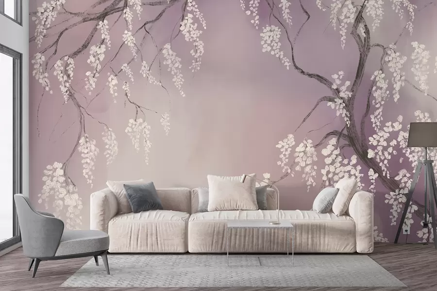 Wall Mural Photo Wallpaper Delicate white cherry tree with blossom flowers blooming on branches against pink background w08243v2