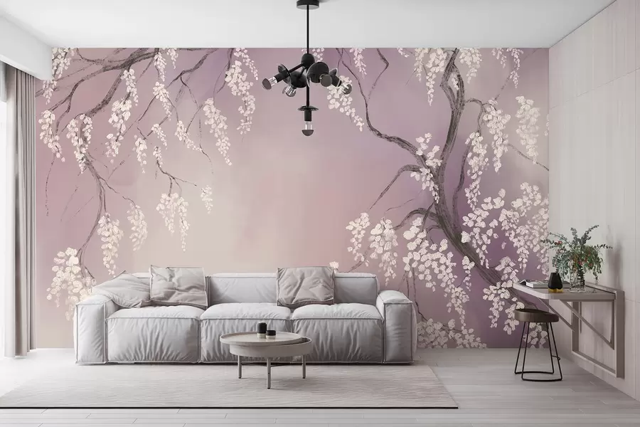 Wall Mural Photo Wallpaper Delicate white cherry tree with blossom flowers blooming on branches against pink background w08243v2