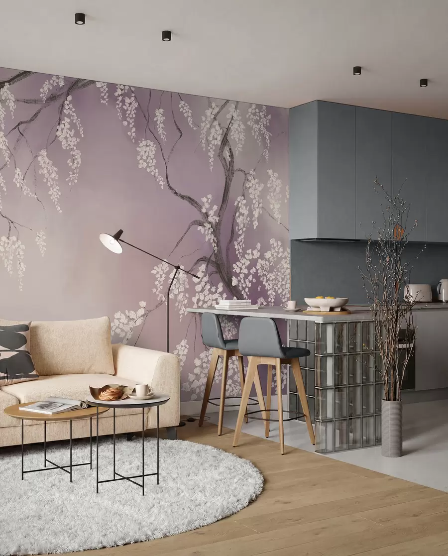 peintures murales Cerisier blanc délicat avec des fleurs en fleurs sur des branches sur fond rose w08243v2