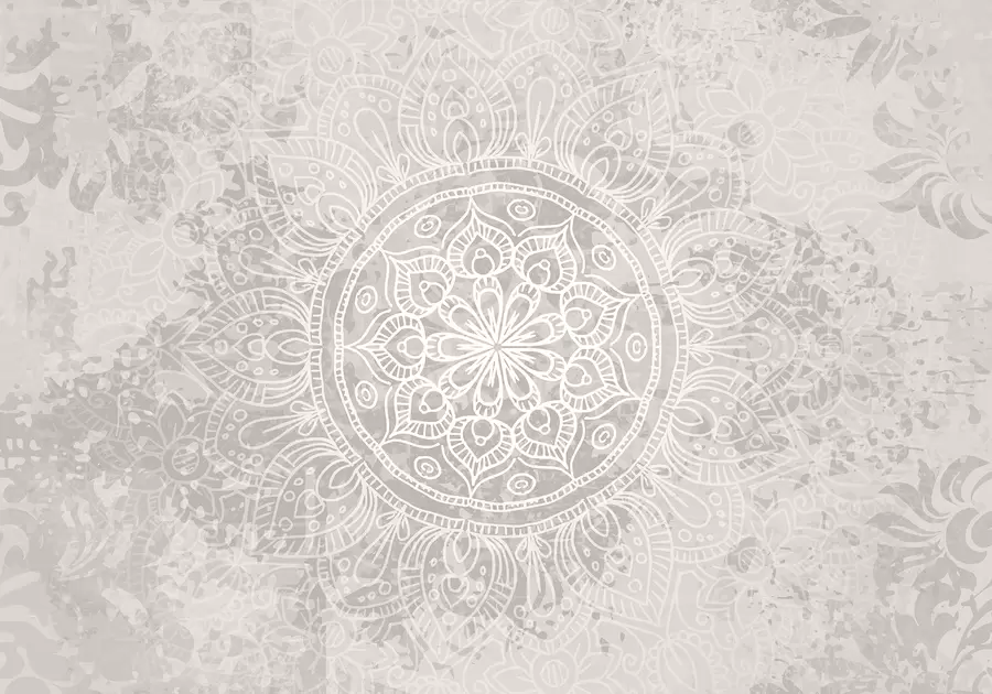 wall murals A detailed white mandala pattern on a light gray textured vintage background w08246