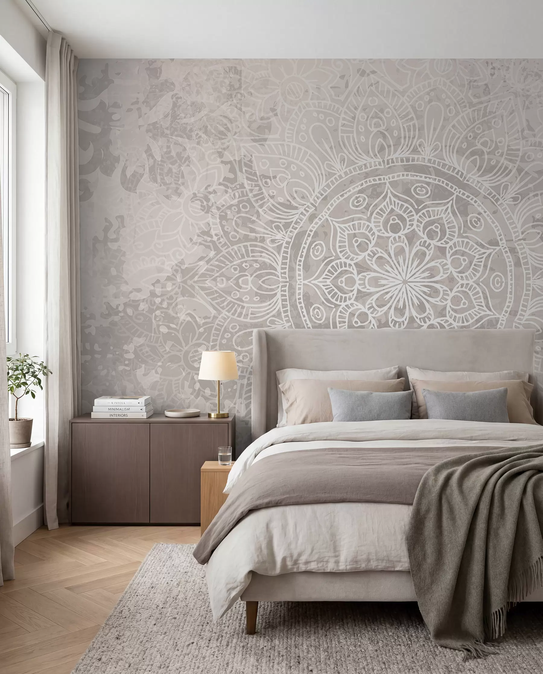peintures murales Un motif de mandala blanc détaillé sur un fond vintage texturé gris clair w08246