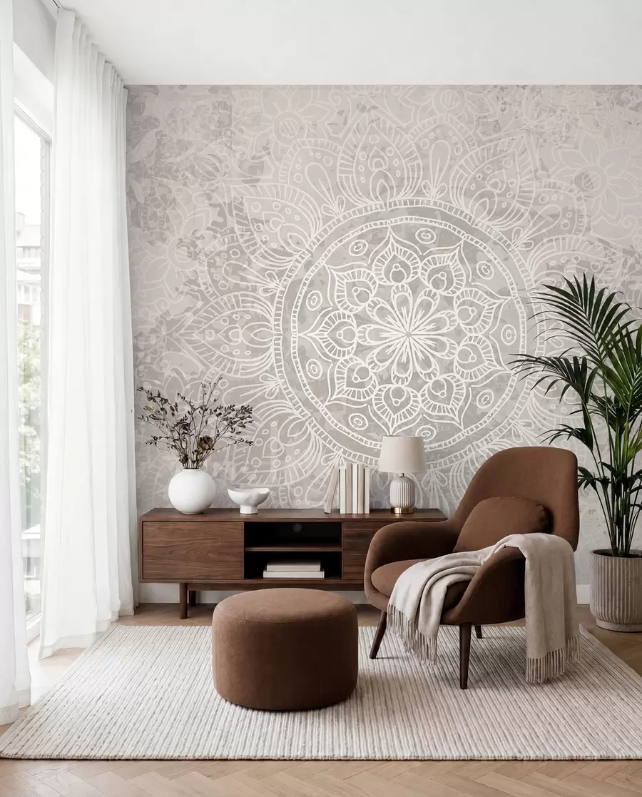 murales Un patrón de mandala blanco detallado sobre un fondo vintage texturizado de color gris claro w08246