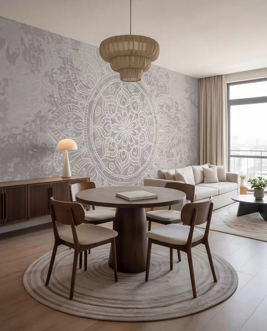wall murals A detailed white mandala pattern on a light gray textured vintage background w08246