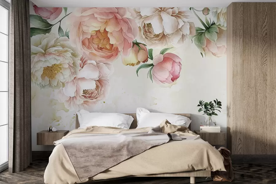 Wall Mural Photo Wallpaper Delicate pink and white peonies with lush green leaves against a light watercolor background w08248