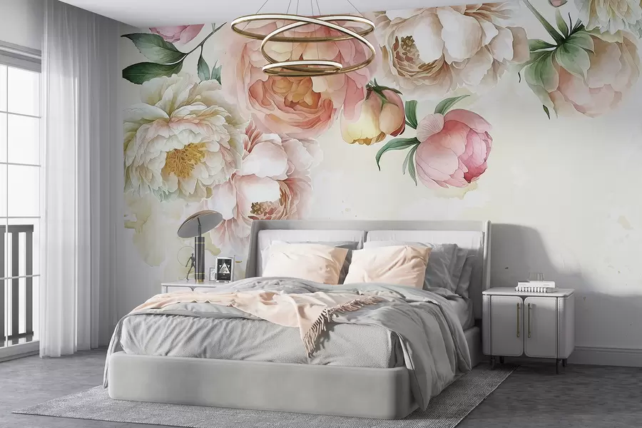 Wall Mural Photo Wallpaper Delicate pink and white peonies with lush green leaves against a light watercolor background w08248