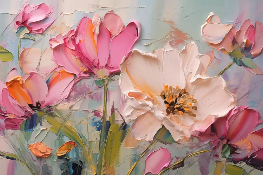 Wall Mural Photo Wallpaper Bright pink flowers on a light blue gray background w01039