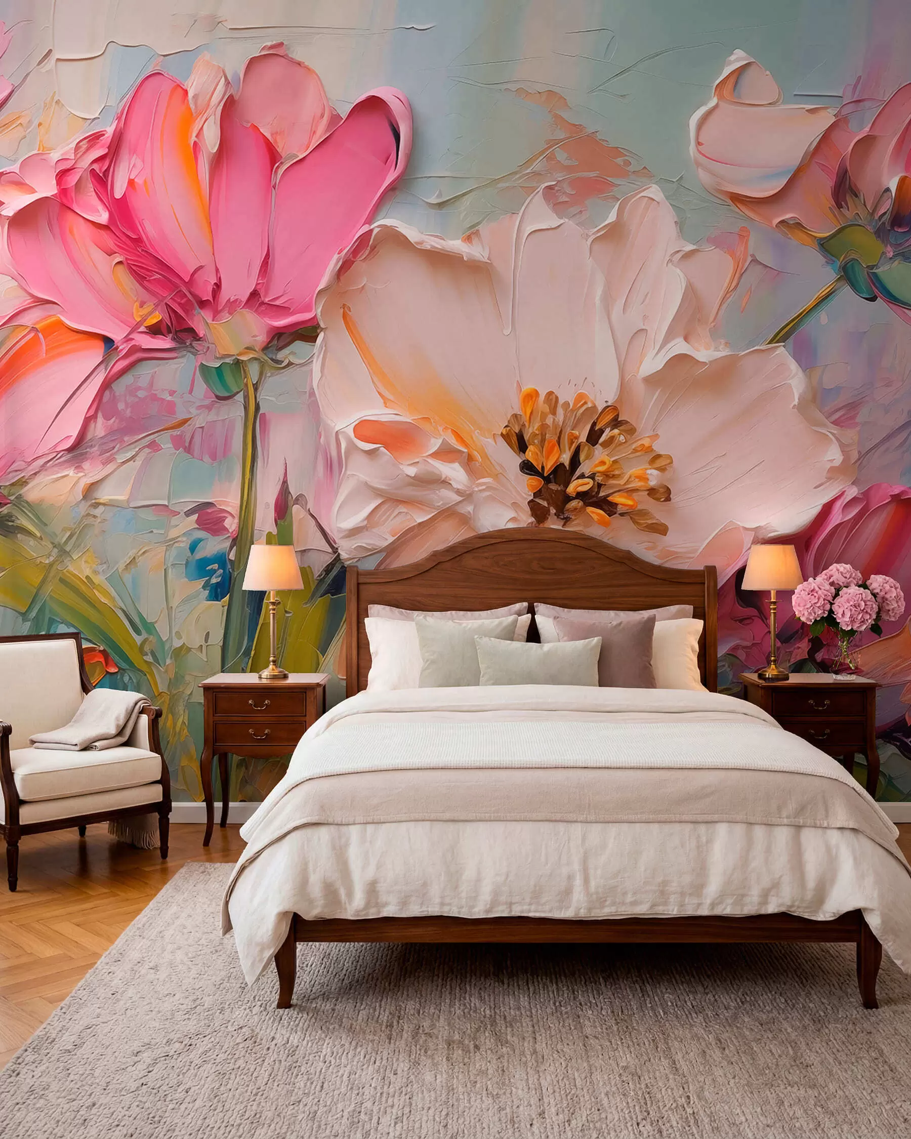 peintures murales Fleurs rose vif sur fond gris bleu clair w01039