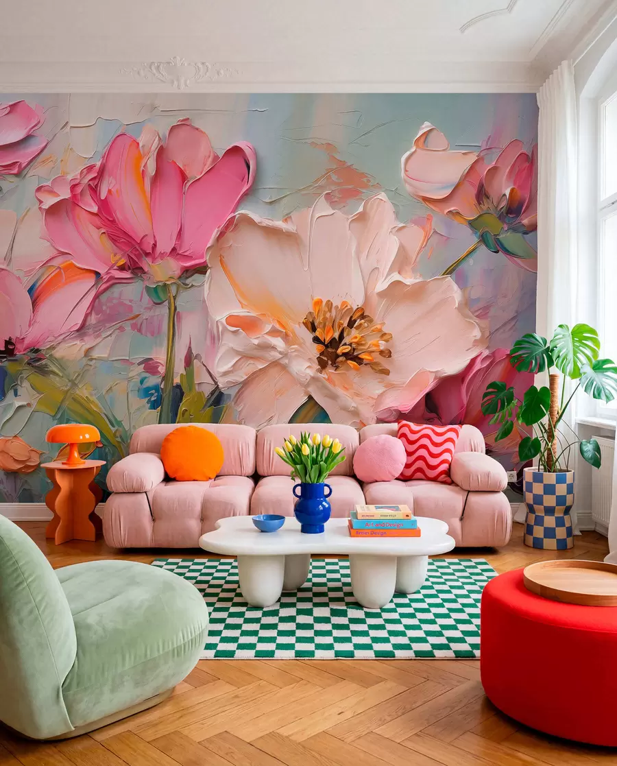 Wall Mural Photo Wallpaper Bright pink flowers on a light blue gray background w01039