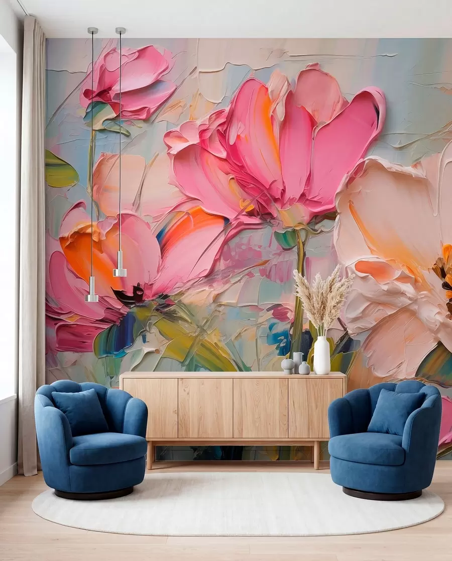 Wall Mural Photo Wallpaper Bright pink flowers on a light blue gray background w01039