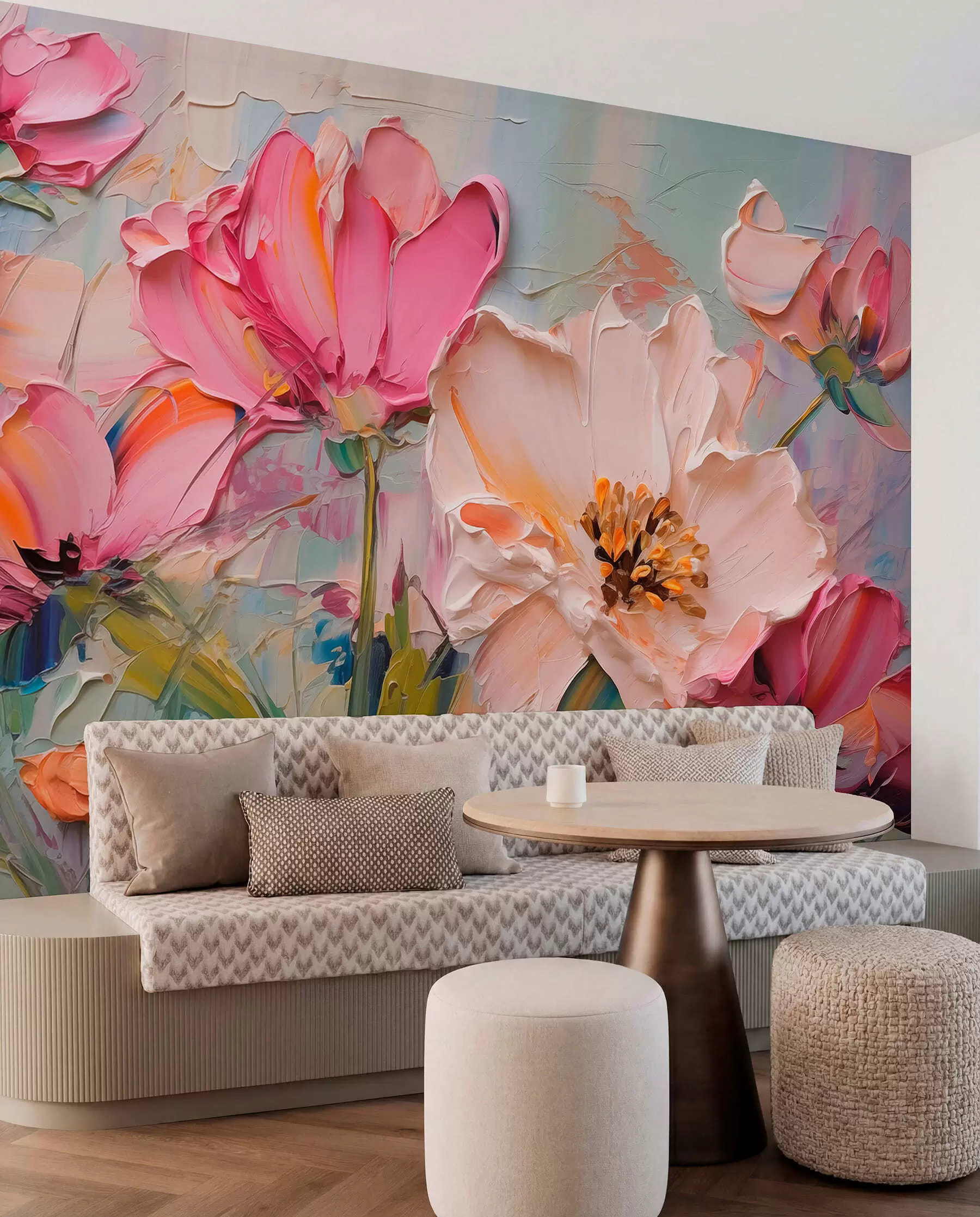 wall murals Bright pink flowers on a light blue gray background w01039