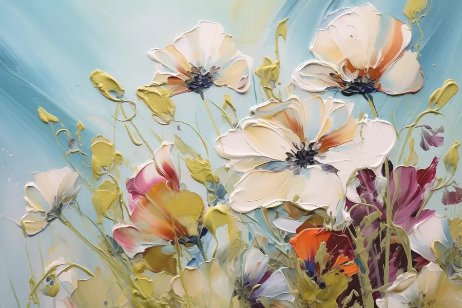 Wall Mural Photo Wallpaper Abstract white poppies on blue background, imitation of paint strokes w01043