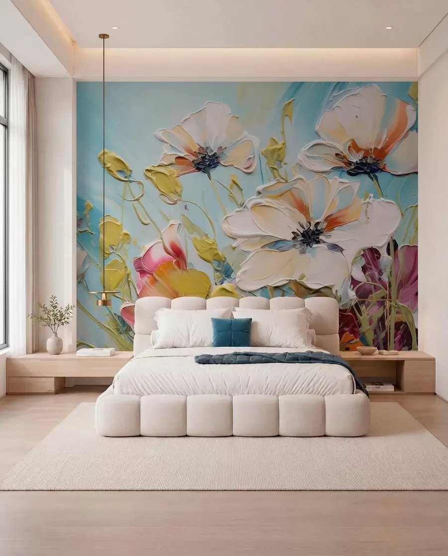 wall murals Abstract white poppies on blue background, imitation of paint strokes w01043