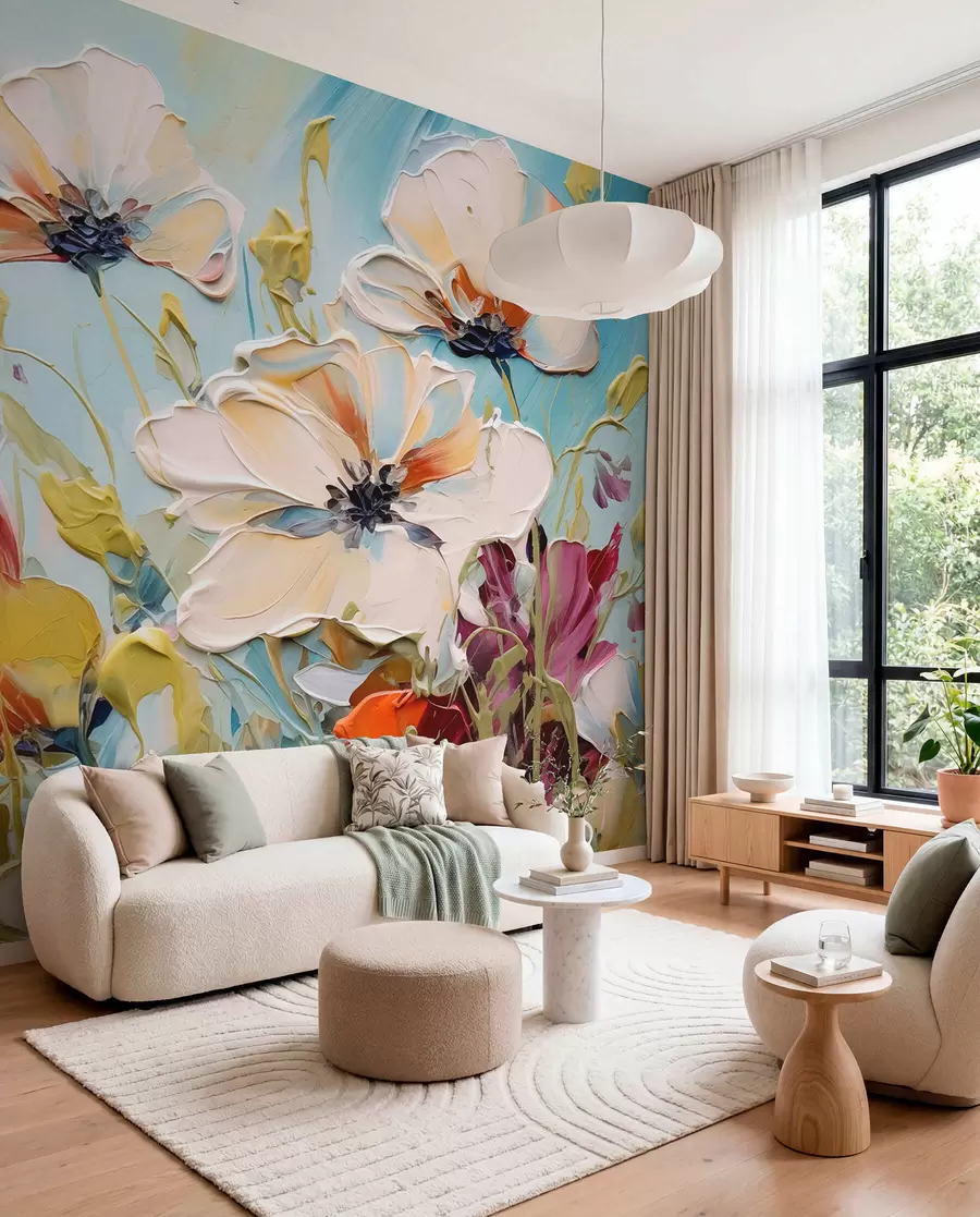 Wall Mural Photo Wallpaper Abstract white poppies on blue background, imitation of paint strokes w01043
