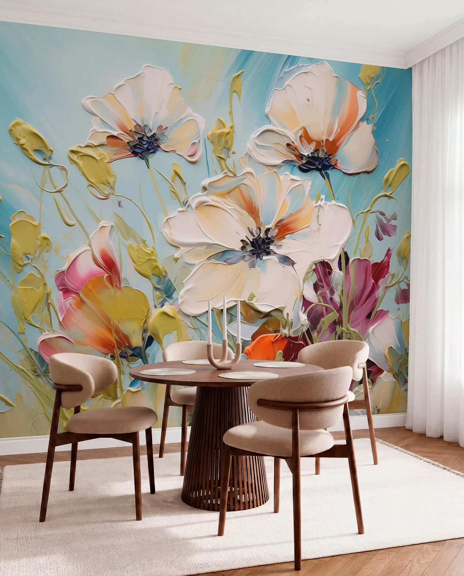 wall murals Abstract white poppies on blue background, imitation of paint strokes w01043