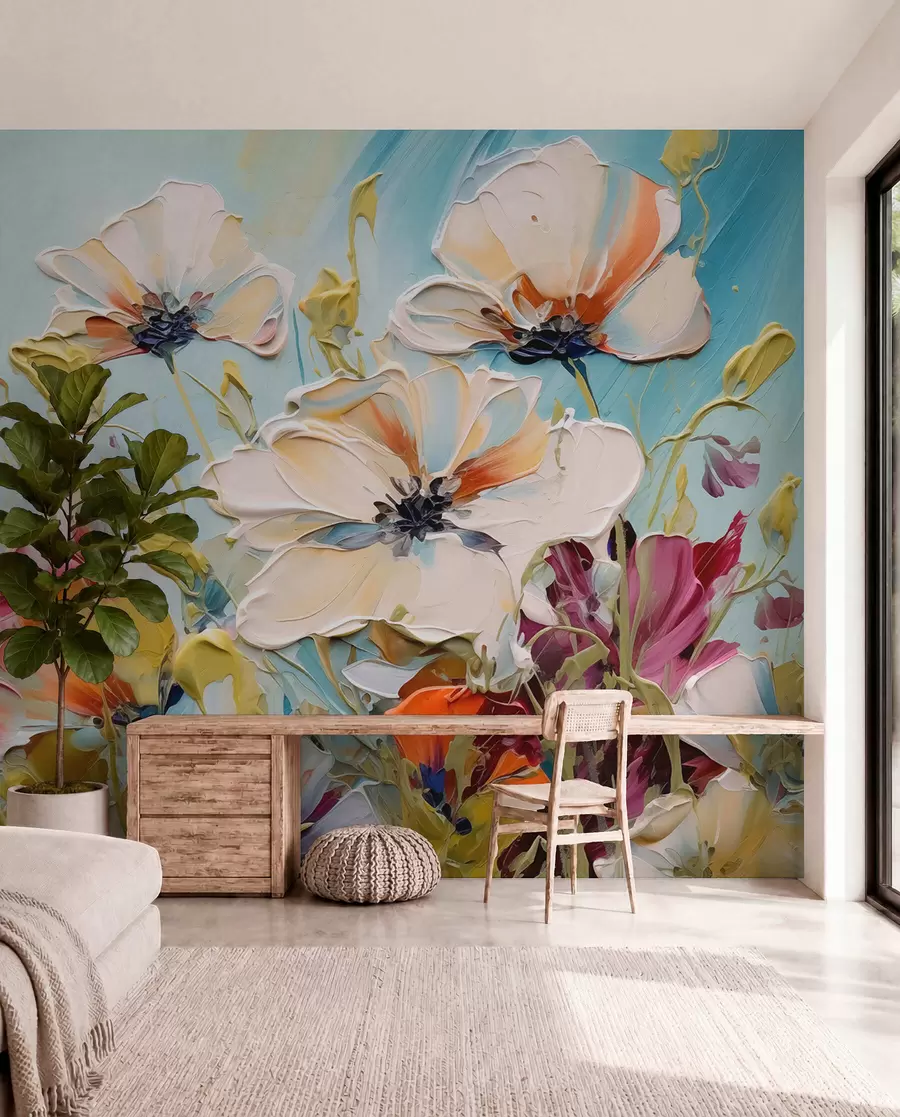 wall murals Abstract white poppies on blue background, imitation of paint strokes w01043