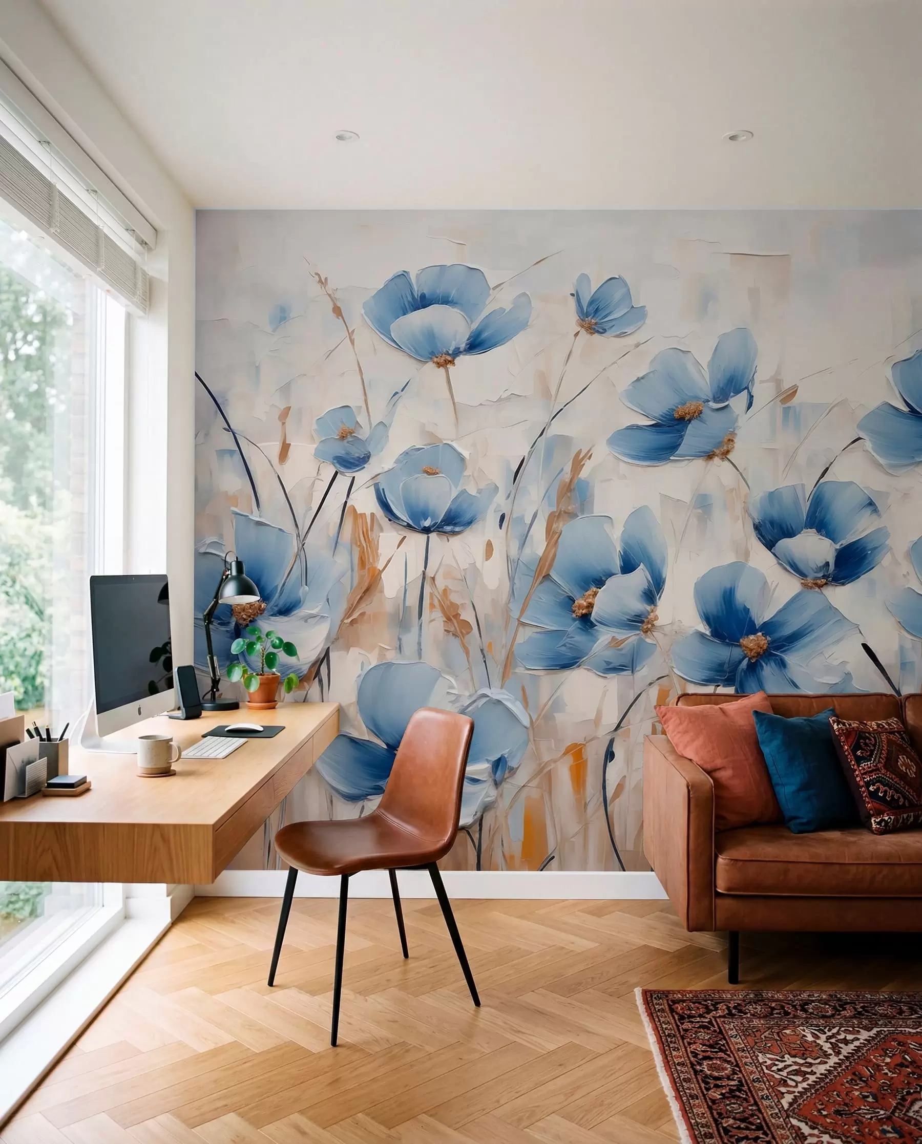 murales Flores azules sobre fondo abstracto, imitación de pinceladas de óleo w01045