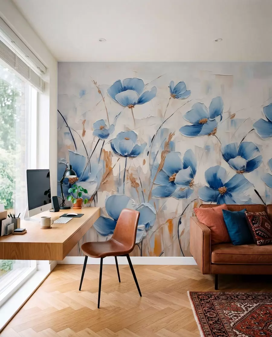Wall Mural Photo Wallpaper Blue flowers on abstract background, imitation of oil strokes w01045